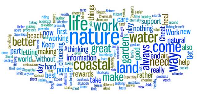 Tag cloud of words about living on the coast, nature, water, beach, care.