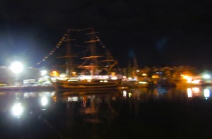 Night shot of HMS Bounty in Gloucester, MA