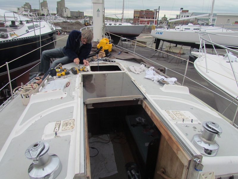removing old deck hardware from Freedom 30 sailboat