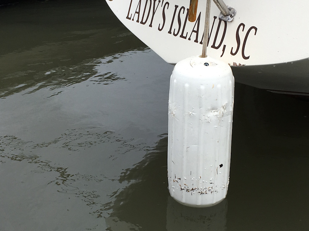 A Taylor Made fender battered from protecting a sailboat during hurricane Matthew