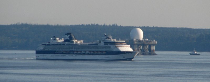 radar dome and crusie ship pass in Puget Sound