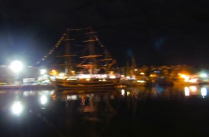 Night shot of HMS Bounty in Gloucester, MA