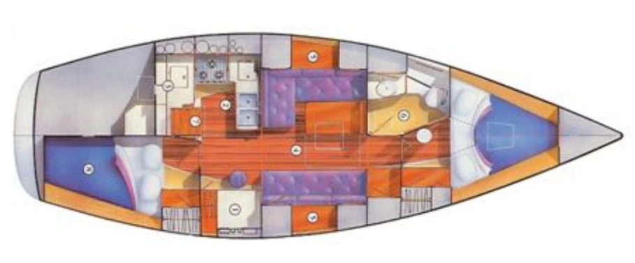 Freedom 38 Layout showing galley, forward berth, aft berth, head and settees.