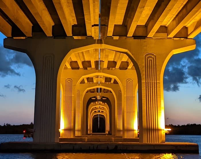 Dramatically lit structure under Vero Beach Bridge.