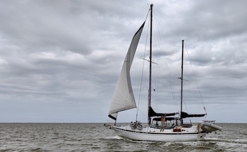 White sailboat with jib sail flying, gray sky
