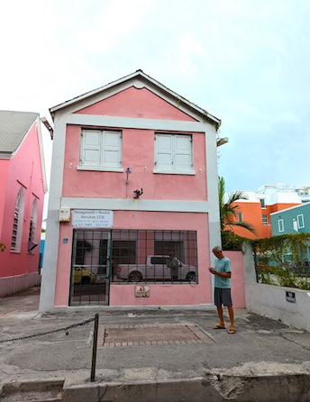 Old pink buildings downtown Nassau
