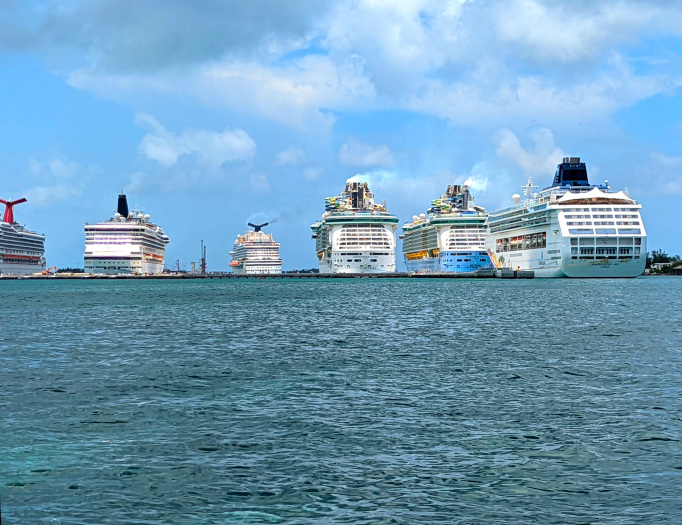 Six sleek ships. Cruise ships in Nassau, Bahamas.