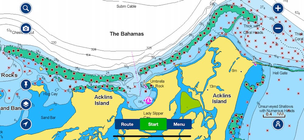 chart of Acklin's Island showing round, and very protected Atwood Harbor. Something that's hard to find in the Bahamas Out Islands.